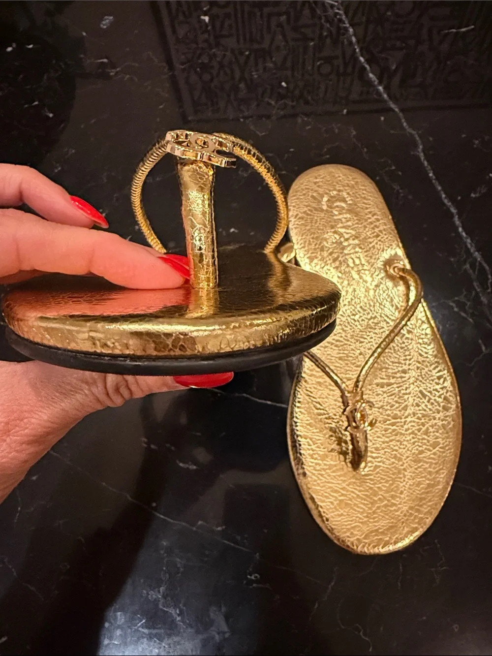 CHANEL Metallic Gold Leather Thong Sandals with Double CC Logo